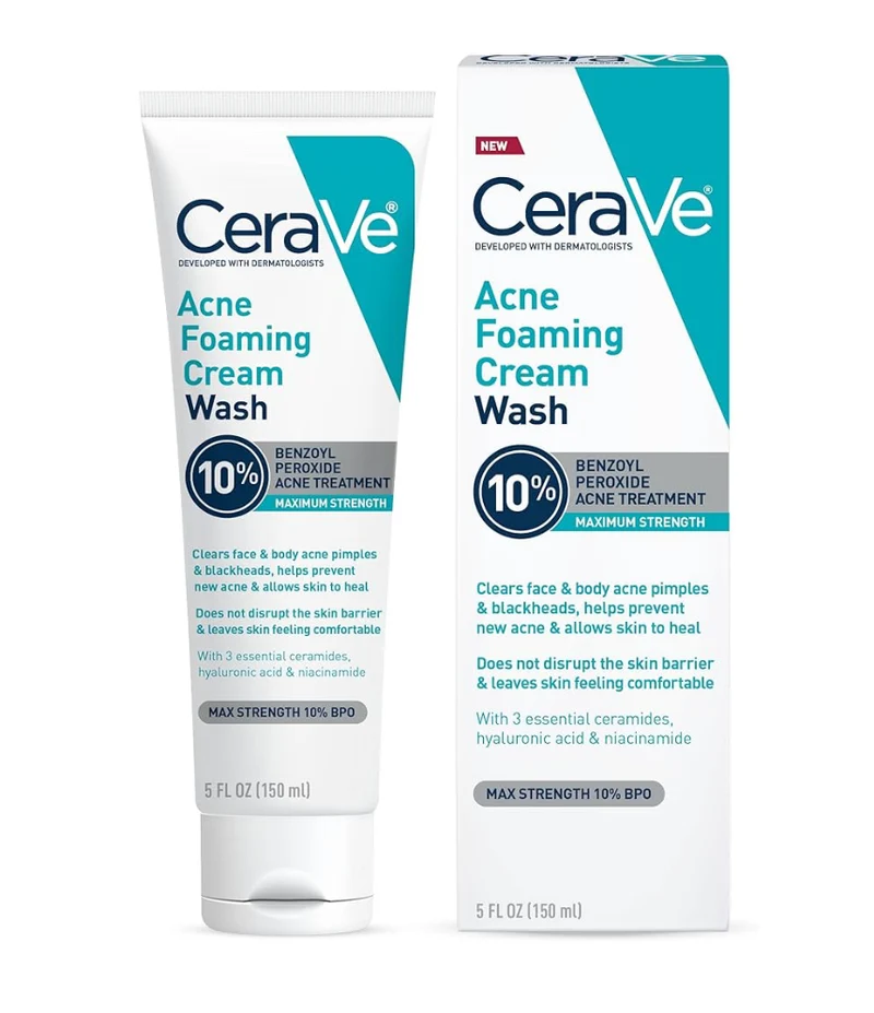 CeraVe Acne Foaming Cream Cleanser w/ Benzoyl Peroxide 10%, Hyaluronic Acid, and Niacinamide Clears Pimples and Blackheads (5 Oz)
