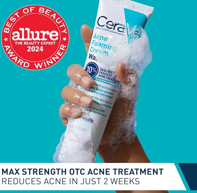 CeraVe Acne Foaming Cream Cleanser w/ Benzoyl Peroxide 10%, Hyaluronic Acid, and Niacinamide Clears Pimples and Blackheads (5 Oz)