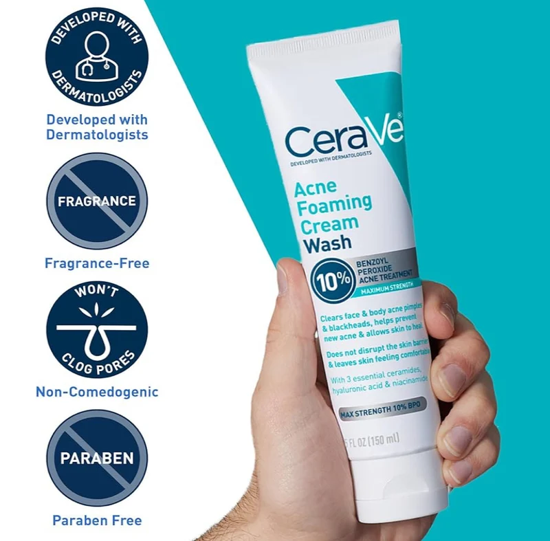 CeraVe Acne Foaming Cream Cleanser w/ Benzoyl Peroxide 10%, Hyaluronic Acid, and Niacinamide Clears Pimples and Blackheads (5 Oz)