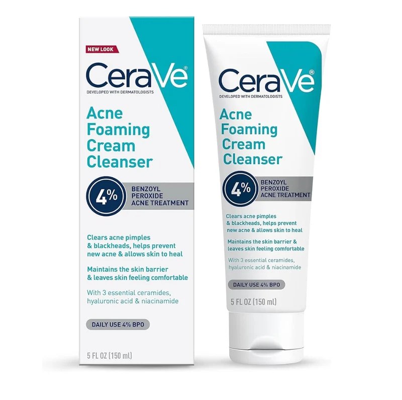 CeraVe Acne Foaming Cream Cleanser, 4% Benzoyl Peroxide w/ Hyaluronic Acid, Niacinamide & Ceramides