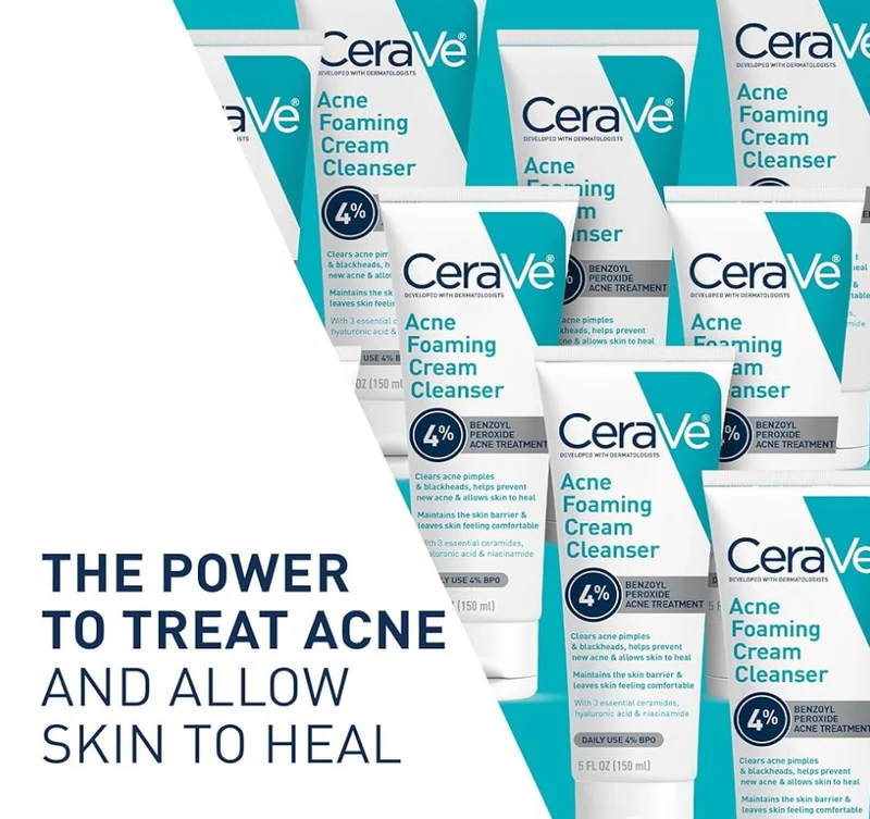 CeraVe Acne Foaming Cream Cleanser, 4% Benzoyl Peroxide w/ Hyaluronic Acid, Niacinamide & Ceramides