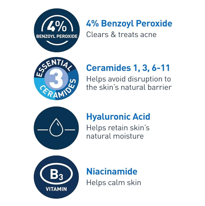 CeraVe Acne Foaming Cream Cleanser, 4% Benzoyl Peroxide w/ Hyaluronic Acid, Niacinamide & Ceramides