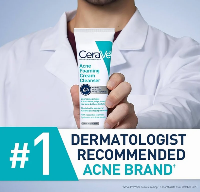 CeraVe Acne Foaming Cream Cleanser, 4% Benzoyl Peroxide w/ Hyaluronic Acid, Niacinamide & Ceramides