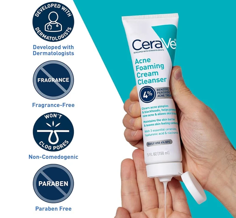 CeraVe Acne Foaming Cream Cleanser, 4% Benzoyl Peroxide w/ Hyaluronic Acid, Niacinamide & Ceramides