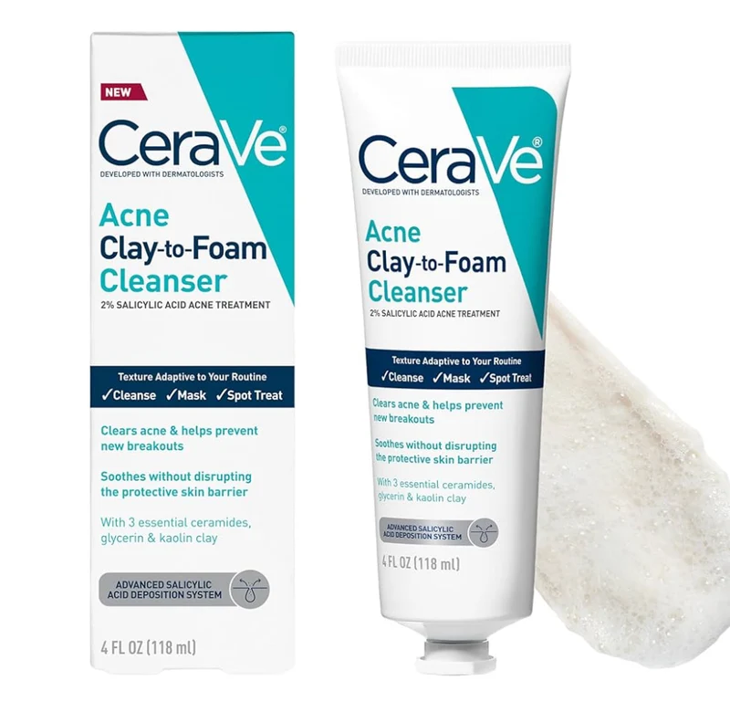 CeraVe Clay To Foam Acne Face Wash, Multi-Use Salicylic Acid & Kaolin Clay Acne Spot Treatment Fragrance-Free, Non-Comedogenic (4oz)