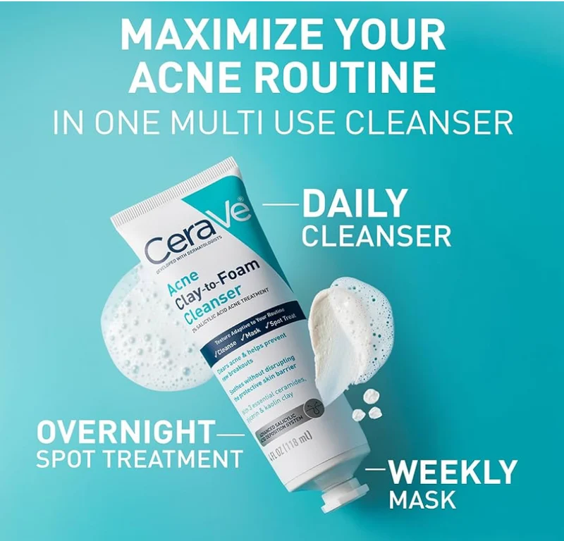 CeraVe Clay To Foam Acne Face Wash, Multi-Use Salicylic Acid & Kaolin Clay Acne Spot Treatment Fragrance-Free, Non-Comedogenic (4oz)
