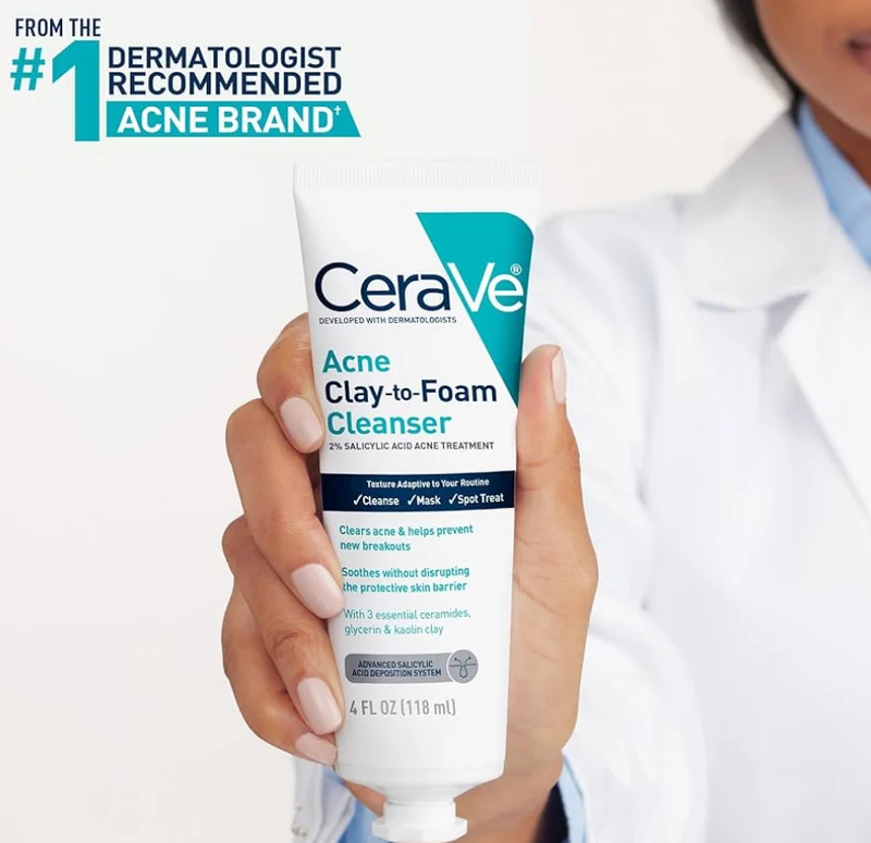 CeraVe Clay To Foam Acne Face Wash, Multi-Use Salicylic Acid & Kaolin Clay Acne Spot Treatment Fragrance-Free, Non-Comedogenic (4oz)