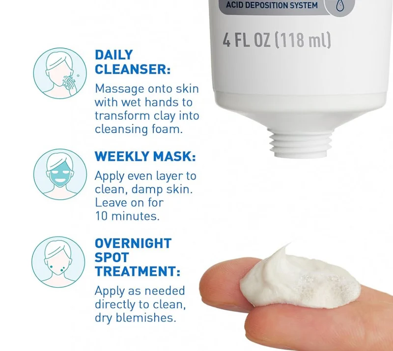 CeraVe Clay To Foam Acne Face Wash, Multi-Use Salicylic Acid & Kaolin Clay Acne Spot Treatment Fragrance-Free, Non-Comedogenic (4oz)