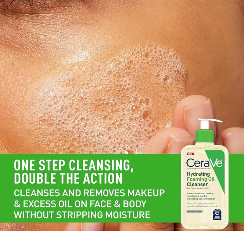CeraVe Hydrating Foaming Oil Cleanser, Moisturizing Cleanser for Face & Body, Squalane Oil + Hyaluronic Acid For Dry to Very Dry Skin (8 FL Oz)