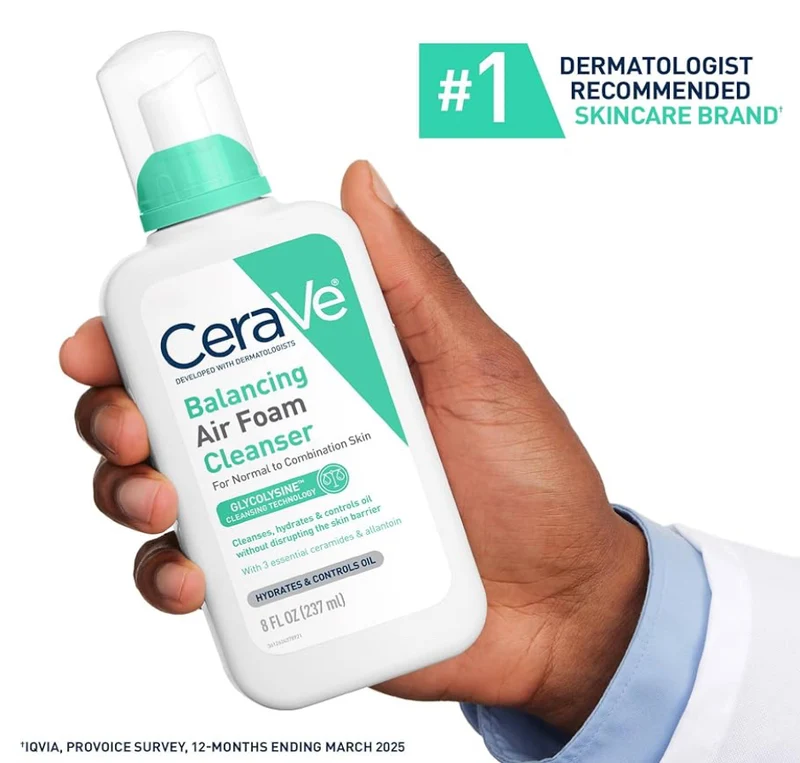 CeraVe Balancing Air Foam Face Wash For Combination Skin, 8HR Oil Control + 24HR Hydration w/ Glycolysine & 3 Essential Ceramides (8oz)