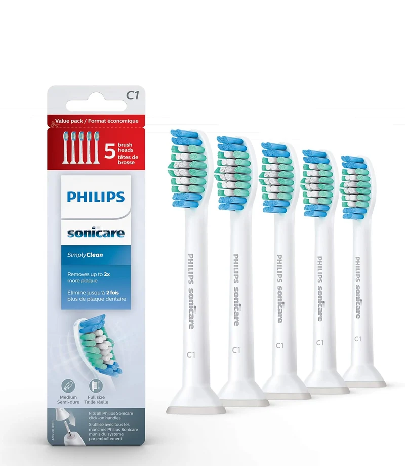 Philips Sonicare Genuine SimplyClean Replacement Toothbrush Heads, 5 Brush Heads, White, HX6015/03
