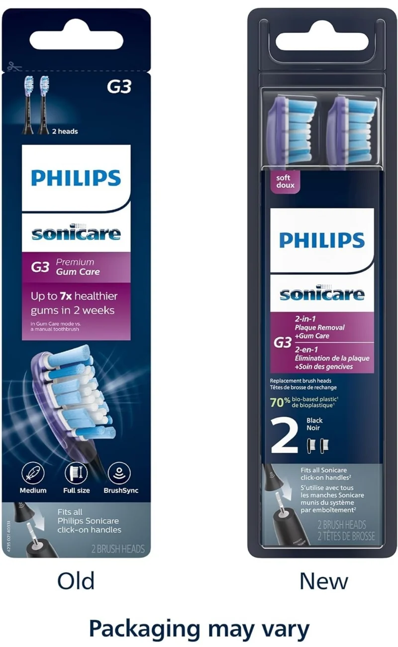 Philips Sonicare Genuine G3 Premium Gum Care Replacement Toothbrush Heads, 2 Brush Heads (Black) HX9052/95
