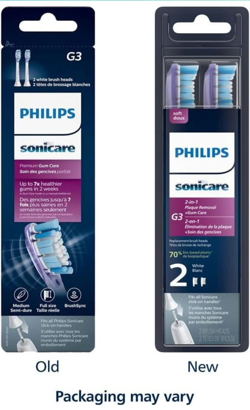 Philips Sonicare G3 2-in-1 Plaque Removal + Gum Care Brush Heads, Genuine Replacement Toothbrush Heads (White) 2 Pack, HX9052/65