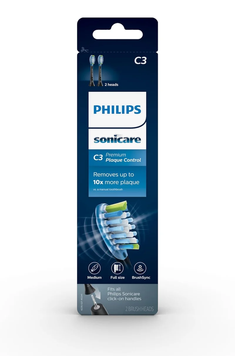 Philips Sonicare Genuine C3 Premium Plaque Control Replacement Toothbrush Heads, 2 Brush Heads (Black) HX9042/95