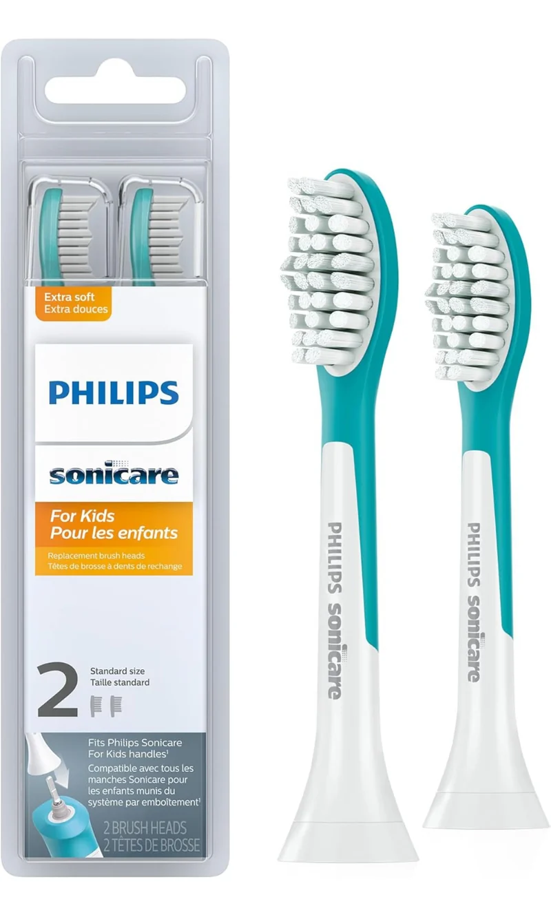 Philips Sonicare for Kids 7+ Genuine Replacement Toothbrush Heads, 2 Brush Heads, Turquoise and White, Standard, HX6042/94