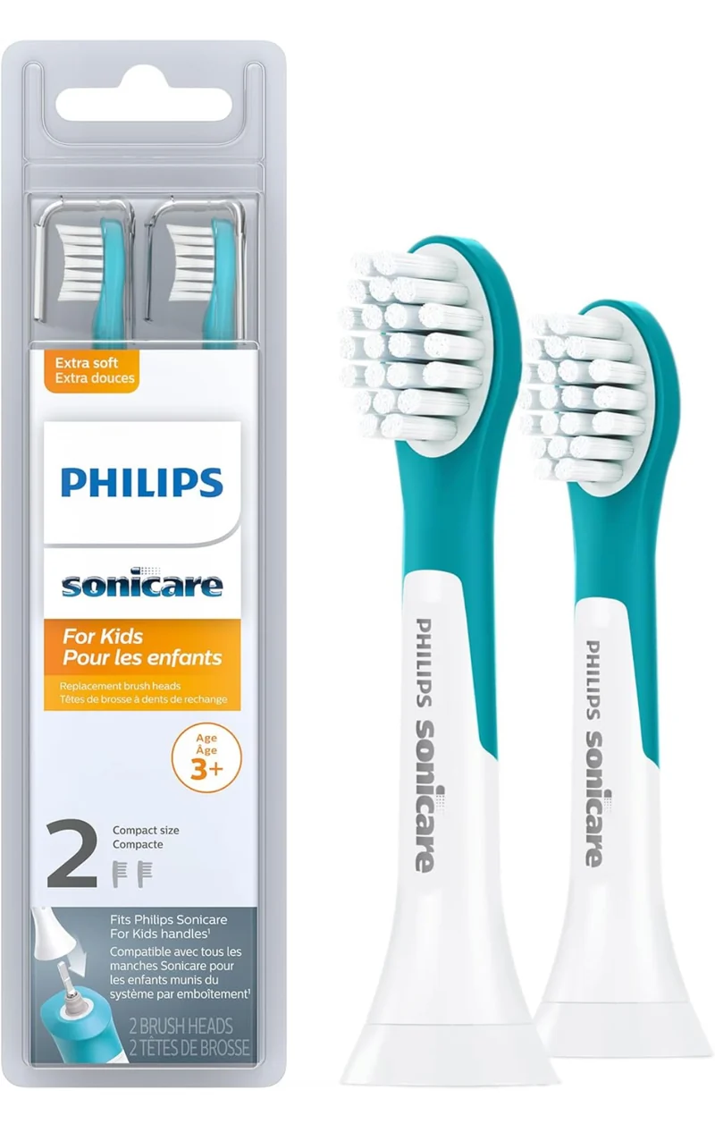 Philips Sonicare for Kids 3+ Genuine Replacement Toothbrush Heads, 2 Brush Heads, Turquoise and White, Compact, HX6032/94