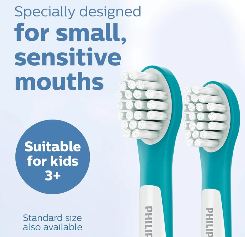 Philips Sonicare for Kids 3+ Genuine Replacement Toothbrush Heads, 2 Brush Heads, Turquoise and White, Compact, HX6032/94