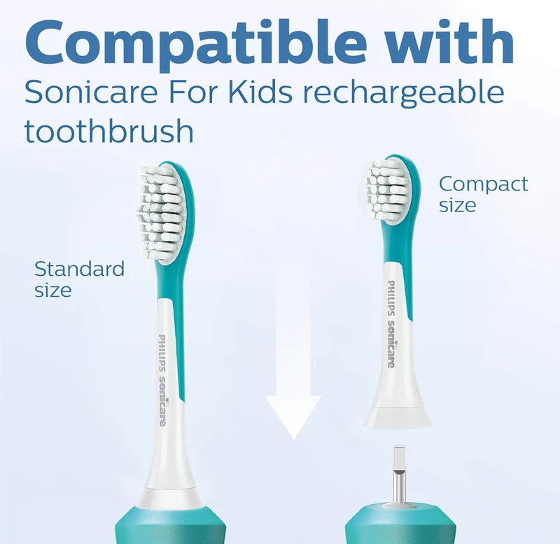 Philips Sonicare for Kids 3+ Genuine Replacement Toothbrush Heads, 2 Brush Heads, Turquoise and White, Compact, HX6032/94
