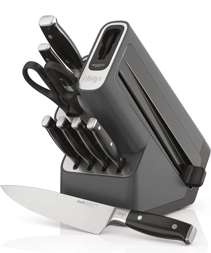 Ninja K32009 Foodi NeverDull Premium Knife System, 9 Piece Knife Block Set with Built-in Sharpener, German Stainless Steel Knives, Black
