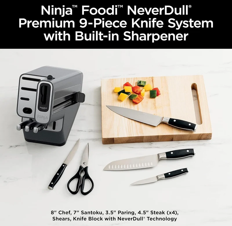Ninja K32009 Foodi NeverDull Premium Knife System, 9 Piece Knife Block Set with Built-in Sharpener, German Stainless Steel Knives, Black