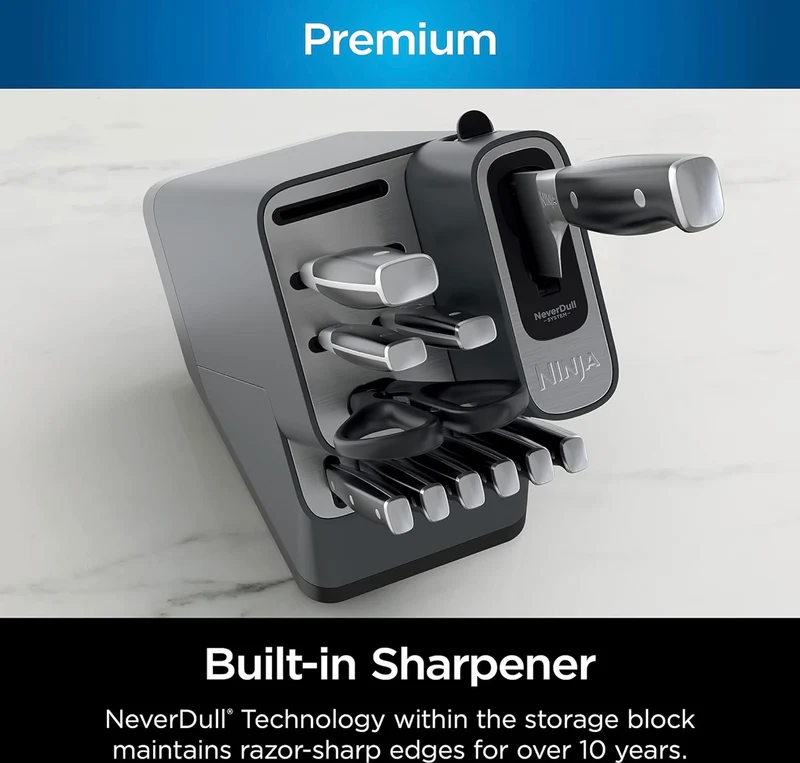 Ninja K32009 Foodi NeverDull Premium Knife System, 9 Piece Knife Block Set with Built-in Sharpener, German Stainless Steel Knives, Black