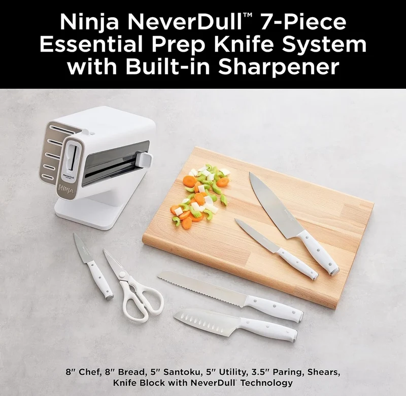 Ninja K12007WHBN NeverDull 7-Piece Prep Knife System, Essential, High Carbon Stainless Steel, Built-in Sharpener, White