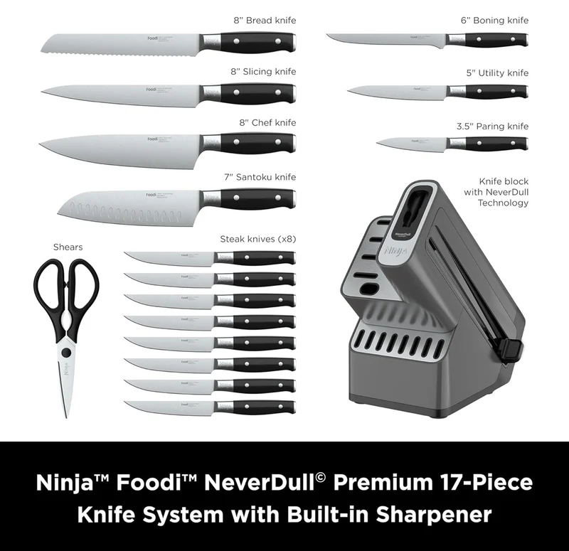Ninja K32017 Foodi NeverDull Premium Knife System, 17 Piece Knife Block Set with Built-in Sharpener, German Stainless Steel Knives, Black