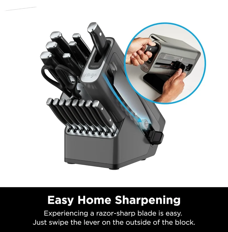 Ninja K32017 Foodi NeverDull Premium Knife System, 17 Piece Knife Block Set with Built-in Sharpener, German Stainless Steel Knives, Black