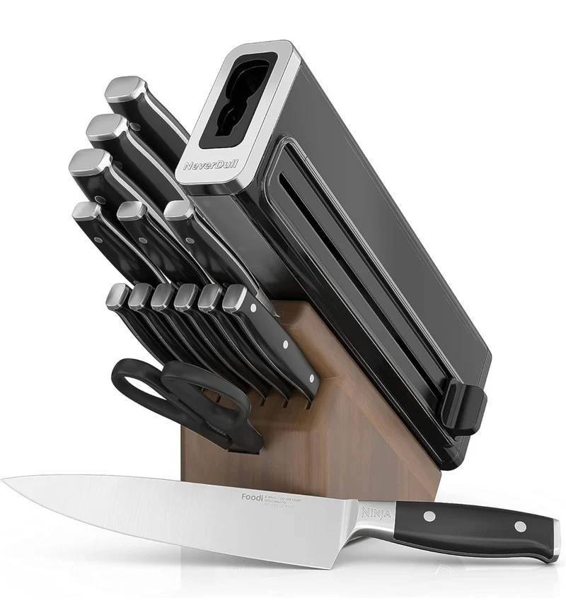 Ninja K52015 Foodi NeverDull 15 Piece Premium Knife System, Wood Series Block, German Stainless Steel, with Built-in Sharpener, Stainless Steel/Walnut