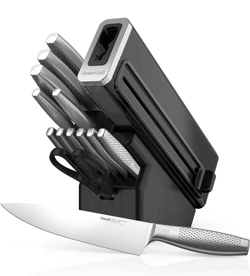 Ninja K62014 Foodi NeverDull Premium 14-Piece German Stainless Steel Knife System with Built-in Sharpener, Stainless Steel/Black