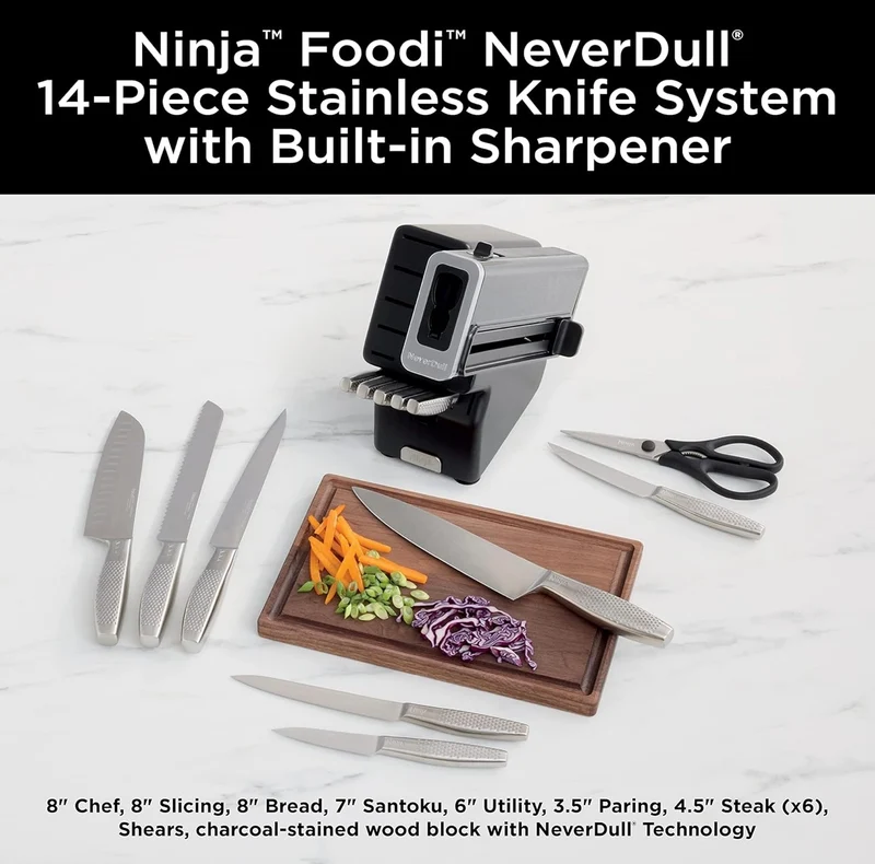 Ninja K62014 Foodi NeverDull Premium 14-Piece German Stainless Steel Knife System with Built-in Sharpener, Stainless Steel/Black