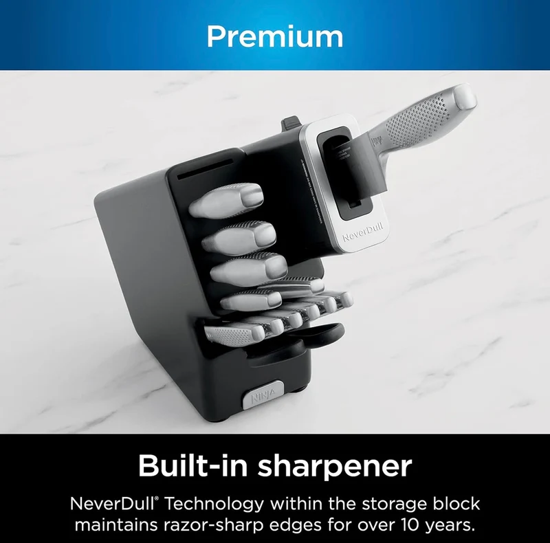 Ninja K62014 Foodi NeverDull Premium 14-Piece German Stainless Steel Knife System with Built-in Sharpener, Stainless Steel/Black