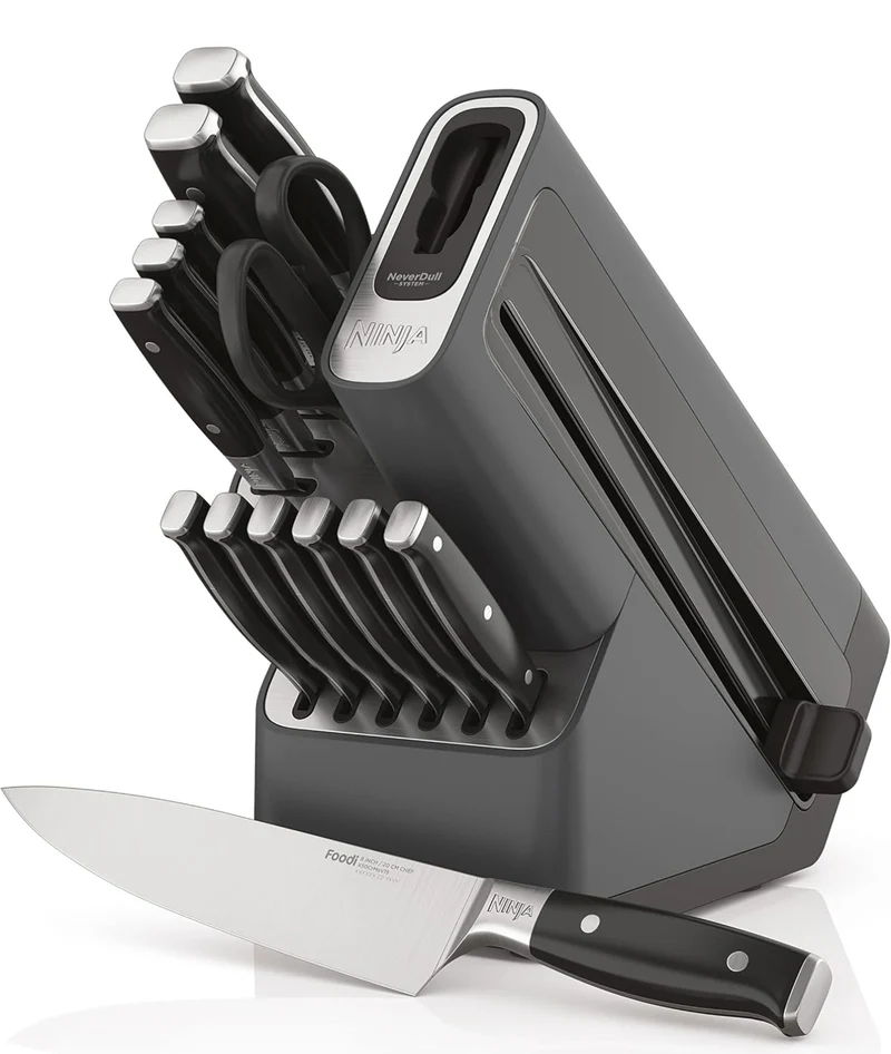 Ninja Knife Set, Knife Sharpener, Knife Block Set, Stainless Steel Knives, 14 Piece Set, Steak Knives, Chef Knives and More, Foodi NeverDull, Black, K32014