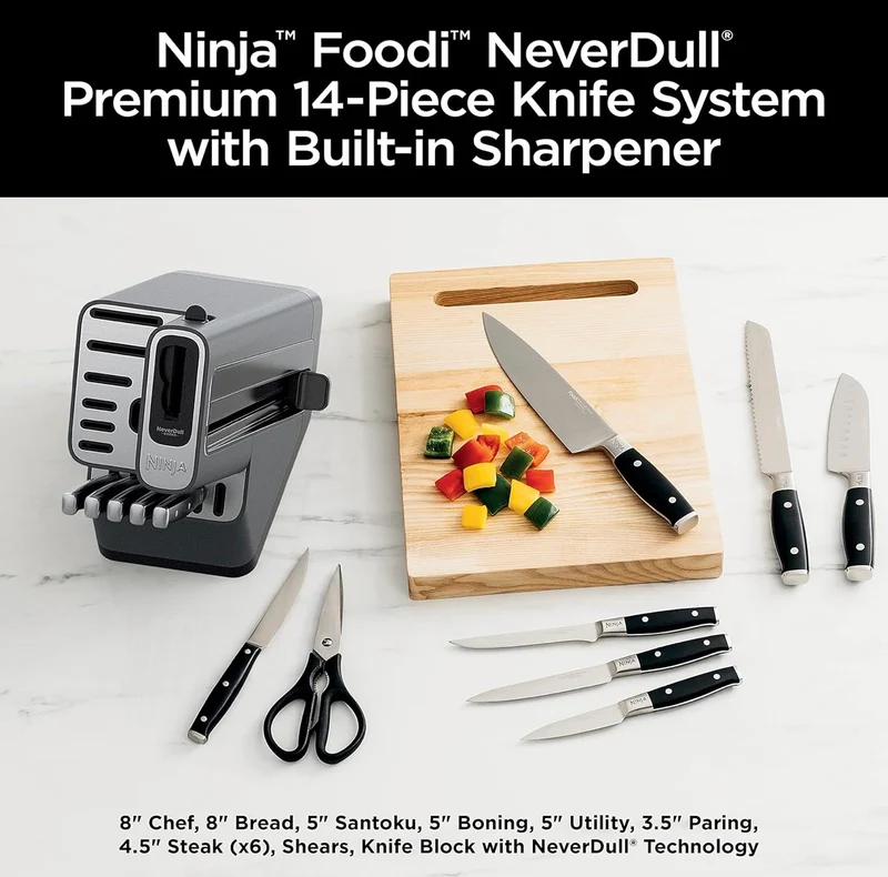 Ninja Knife Set, Knife Sharpener, Knife Block Set, Stainless Steel Knives, 14 Piece Set, Steak Knives, Chef Knives and More, Foodi NeverDull, Black, K32014