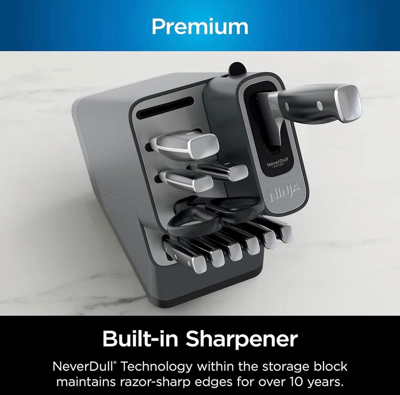 Ninja Knife Set, Knife Sharpener, Knife Block Set, Stainless Steel Knives, 14 Piece Set, Steak Knives, Chef Knives and More, Foodi NeverDull, Black, K32014