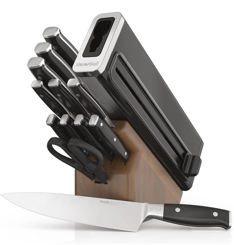 Ninja K52013 Foodi NeverDull Premium 13 Piece German Stainless Steel Wood Series Knife System with Built-in Sharpener, Walnut Stain/Black