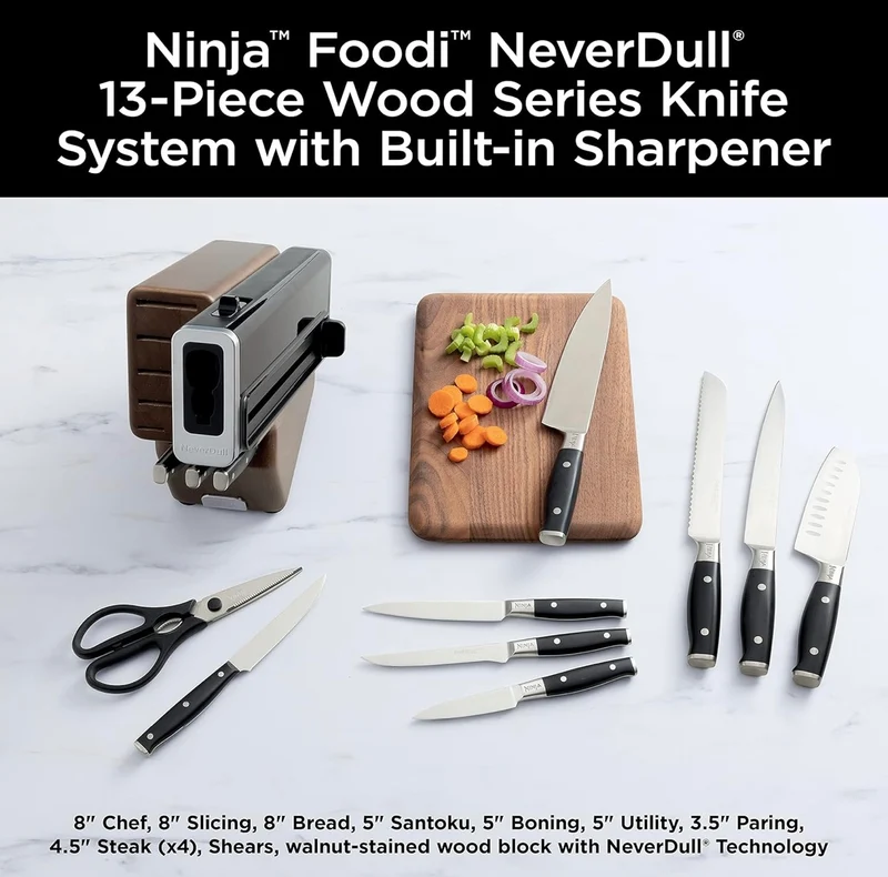 Ninja K52013 Foodi NeverDull Premium 13 Piece German Stainless Steel Wood Series Knife System with Built-in Sharpener, Walnut Stain/Black