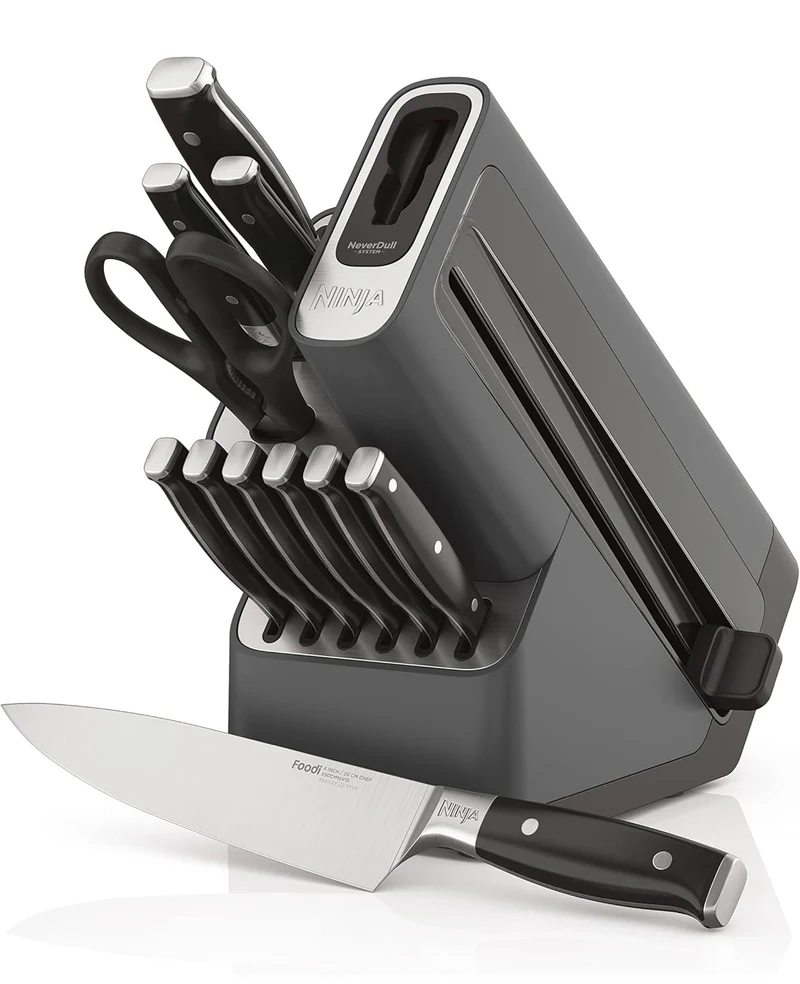 Ninja K32012 Foodi NeverDull Premium Knife System, 12 Piece Knife Block Set with Built-in Sharpener, German Stainless Steel Knives, Black