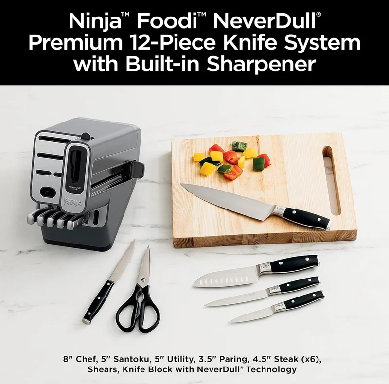 Ninja K32012 Foodi NeverDull Premium Knife System, 12 Piece Knife Block Set with Built-in Sharpener, German Stainless Steel Knives, Black