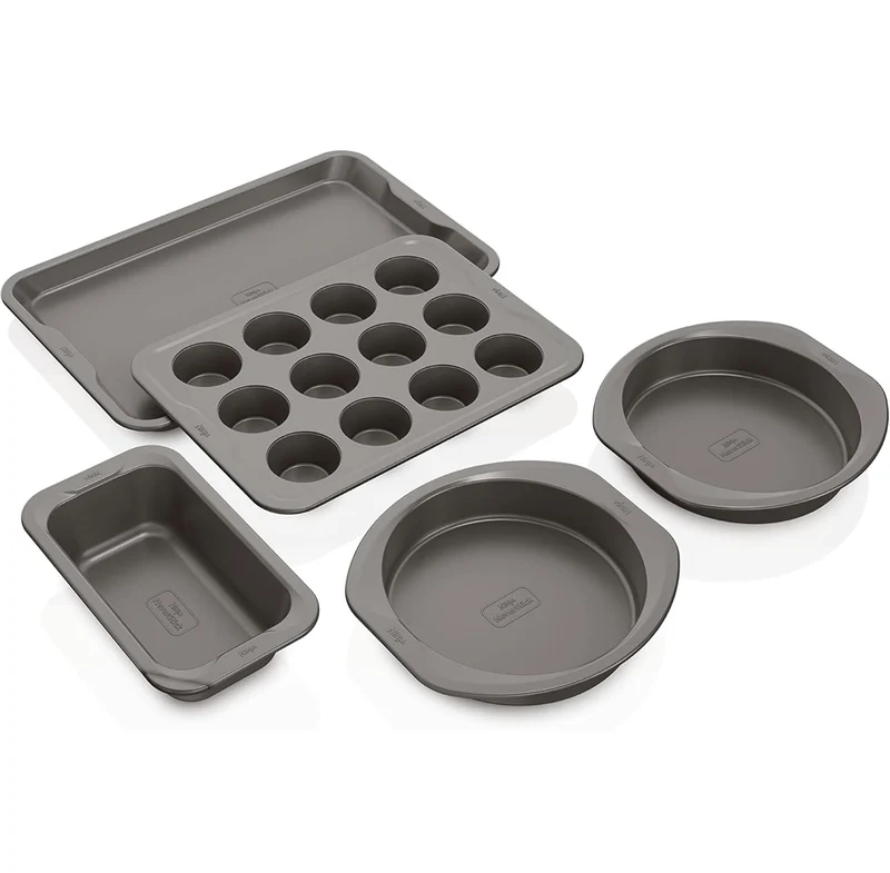 Ninja B35005 Foodi NeverStick Premium 5-Piece Bakeware Sheet Set, Oven Safe up to 500⁰F - 12 Cup Muffin Pan, & (2) 9 Inch Round Cake Pans - Grey