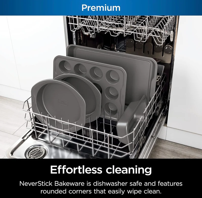 Ninja B35005 Foodi NeverStick Premium 5-Piece Bakeware Sheet Set, Oven Safe up to 500⁰F - 12 Cup Muffin Pan, & (2) 9 Inch Round Cake Pans - Grey