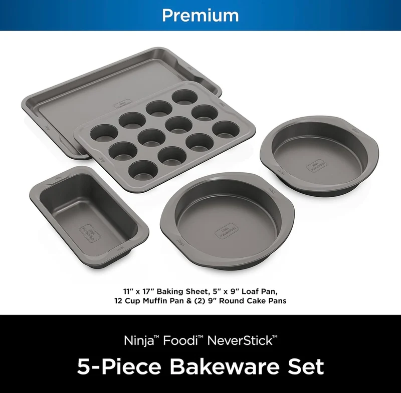 Ninja B35005 Foodi NeverStick Premium 5-Piece Bakeware Sheet Set, Oven Safe up to 500⁰F - 12 Cup Muffin Pan, & (2) 9 Inch Round Cake Pans - Grey