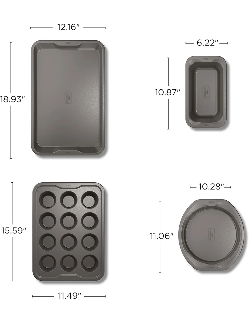 Ninja B35005 Foodi NeverStick Premium 5-Piece Bakeware Sheet Set, Oven Safe up to 500⁰F - 12 Cup Muffin Pan, & (2) 9 Inch Round Cake Pans - Grey