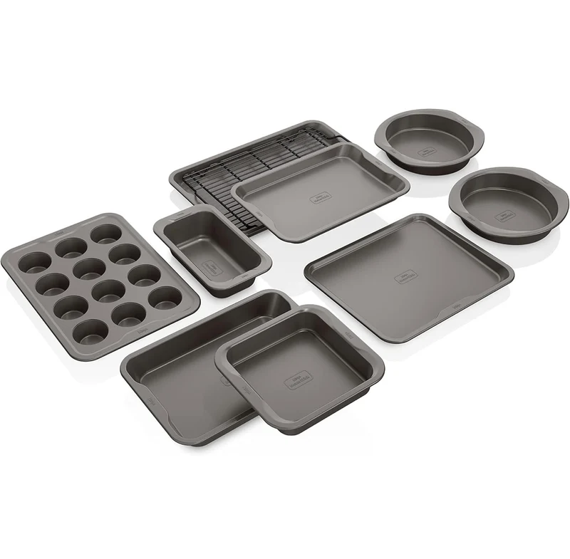 Ninja Foodi NeverStick Premium 10-Piece Bakeware Sheet Set, Oven Safe up to 500⁰F, with (2) Baking Sheets, Cookie Sheet, Loaf Pan, Muffin Pan, (4) Cake Pans & Cooling/Roasting Rack - Grey