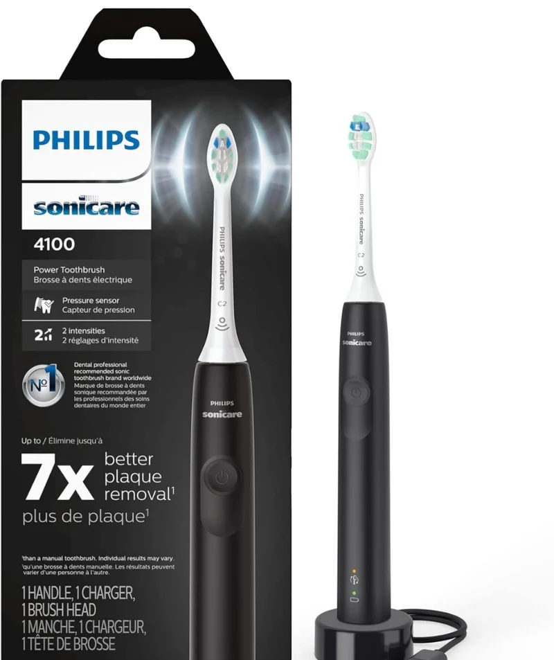 Philips Sonicare 4100 Rechargeable Electric Toothbrush, with Pressure Sensor, 2 Intensity Settings - Black Model HX3681/24
