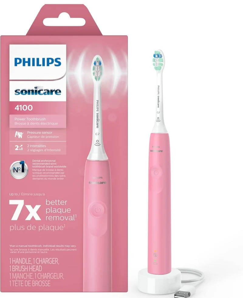 Philips Sonicare 4100 Rechargeable Electric Toothbrush, with Pressure Sensor, 2 Intensity Settings- Deep Pink (Model HX3681/26)