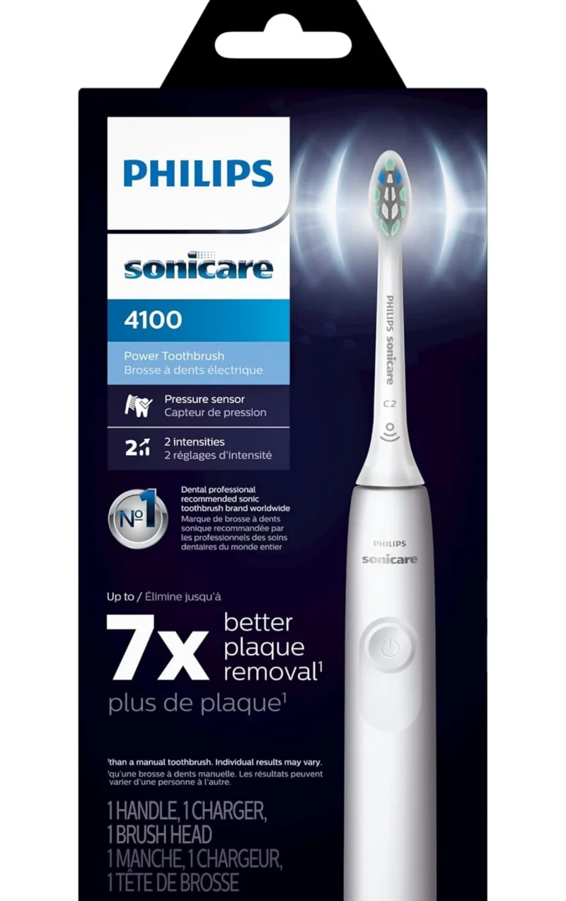 Philips Sonicare 4100 Rechargeable Electric Toothbrush, with Pressure Sensor, 2 Intensity Settings- White (Model HX3681/23)