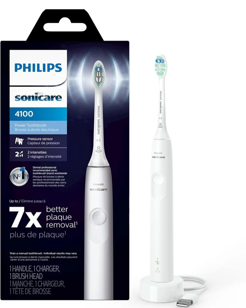 Philips Sonicare 4100 Rechargeable Electric Toothbrush, with Pressure Sensor, 2 Intensity Settings- White (Model HX3681/23)