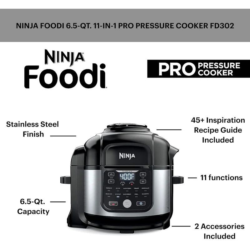 Ninja Foodi Air Fryer Pressure Cooker Combo 11-in-1 Pro 6.5 qt. Pressure Cooker & Air Fryer that Steams, Slow Cooks and More with 4.6 qt Crisper Plate, Broil Rack & Recipe Book, FD302, Silver/Black