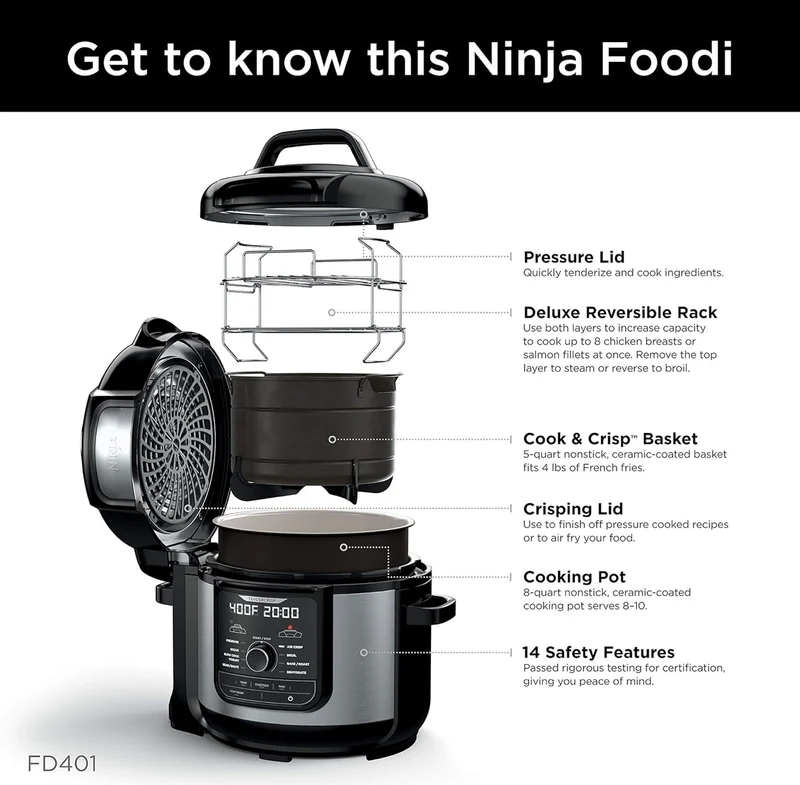 Ninja FD401 LP3 Foodi 12-in-1 Deluxe XL 8 qt. Pressure Cooker & Air Fryer that Steams, Slow Cooks, Sears, Sautés, Dehydrates & More, with 5 qt. Crisper Basket, Reversible Rack & Recipe Book, Silver